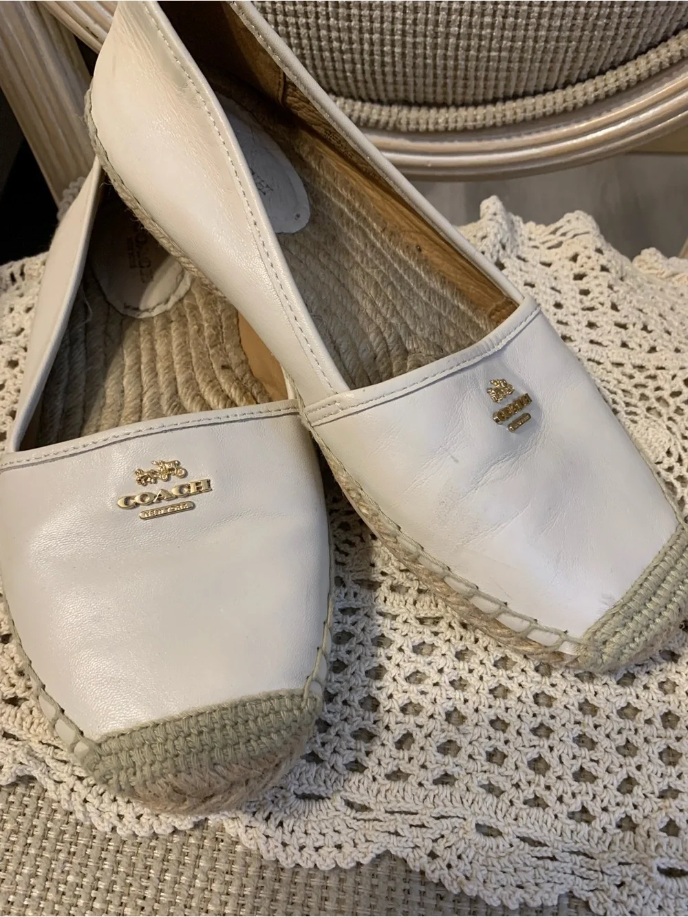 Coach White Leather Espadrille Flats with Gold Logo